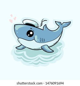 Cute shark on the background of waves. Kawaii cartoon character. Vector illustration.