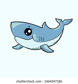 Cute shark on isolated background. Kawaii cartoon character. Vector illustration.