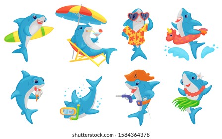 Cute shark on summer vacation - cartoon set. Blue and white fish swimming, surfing, diving, dancing, drinking cocktails on a beach, playing pirate and eating ice cream - isolated vector illustration