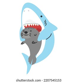 Cute shark open mouth with sea lion cartoon