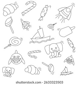 Cute shark pattern elephant rocket spaceship sweet candy croissant , baby kid pattern , Cute shark pattern elephant rocket spaceship sweet candy croissant icon 