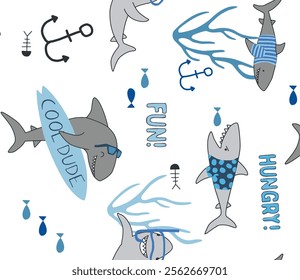 Cute Shark Pattern with Nautical Elements for Kids