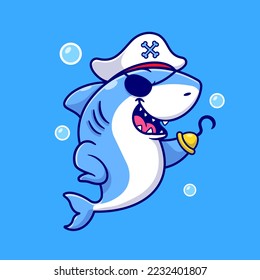 Cute Shark Pirate Cartoon Vector Icon Illustration. Animal Holiday Icon Concept Isolated Premium Vector. Flat Cartoon Style