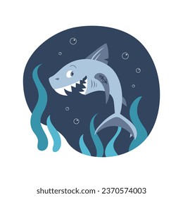 Cute shark pirate laughs. Anchor tattoo on fin. Children cartoon character. Adventures and travel, fleet. Vector illustration in flat style. For stickers, posters, cards, design elements.