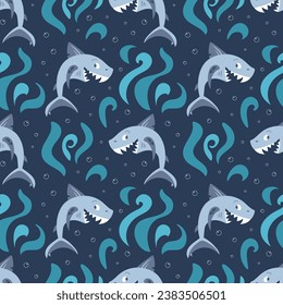 Cute shark pirate laughs. Anchor tattoo on fin. Children cartoon character. Adventures and travel, fleet. seamless pattern in flat style. For wallpaper, fabric, wrapping, background.