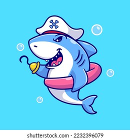 Cute Shark Pirate Wearing Swimming Tires Cartoon Vector Icon Illustration. Animal Holiday Icon Concept Isolated Premium Vector. Flat Cartoon Style