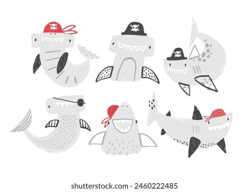 Cute shark pirates. Set with funny sharks in pirate costumes, hats, eye patch and bandana. Vector illustration. Cliparts for kids. Ocean, sea. Underwater world. Funny pirate party elements for kids.