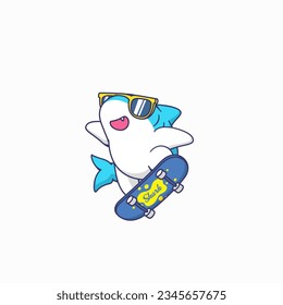 Cute Shark Playing Skateboard Vector Illustration