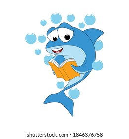 cute shark reading a book, simple vector illustration