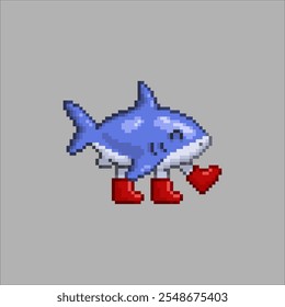 Cute shark with red boots, pixel art meme