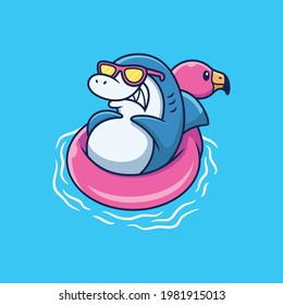 Cute Shark Relax on Flamingo Tires with Cute Pose. Animal Vector Icon Illustration, Isolated on Premium Vector