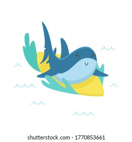 Cute Shark Riding Ocean Waves auf Surf Board. Funny Charakter Sommerzeit Erholung, Sport einzeln auf weißem Hintergrund. T-Shirt Print, Unterwasser Predator Animal Vacation. Cartoon-Vektorgrafik