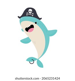 Cute Shark as Sea Animal in Corsair Hat Floating Underwater Vector Illustration