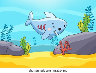 Cute shark in the sea background vector