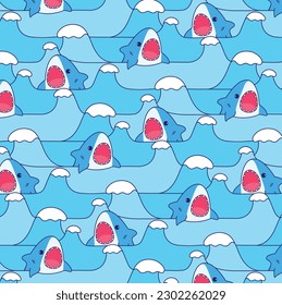 Cute shark and sea wave summer seamless pattern for kids