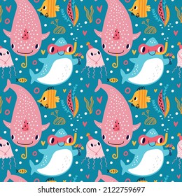 Cute shark seamless pattern. Cartoon marine characters. Fish and jellyfish with divers masks or holiday hats. Birthday print. Ocean animals. Underwater predators. Vector