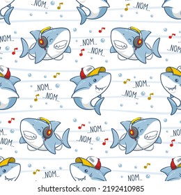 Cute Shark Seamless Pattern, Cartoon Illustration