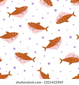 cute shark seamless pattern isolated on white, cartoon animal marine print, summer wallpaper