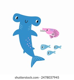 Cute Shark and Shrimp, fresh Sea food drawn in doodle style. Colored flat vector illustration playful style