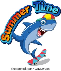 Cute shark skateboarding onw hite background illustration