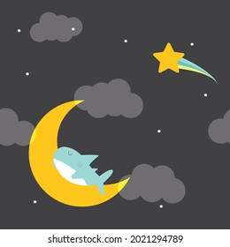 cute shark is sleeping on the moon fabric seamless cute pattern