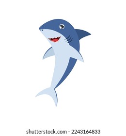 Cute shark smiling cartoon illustration. Baby underwater animal laughing, swimming, smiling on white background. Marine animal, fish concept