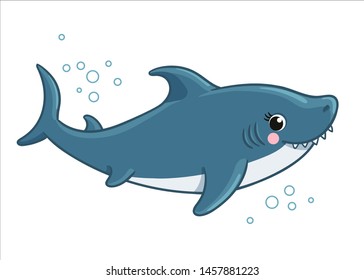 Cute shark is smiling on a white background. Vector illustration with sea fish in cartoon style.