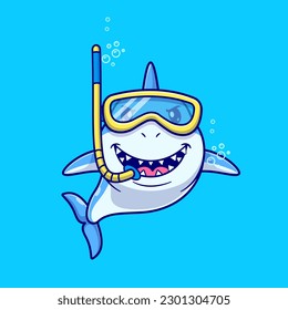 Cute Shark Snorkeling Cartoon Vector Icon Illustration. Animal Holiday Icon Concept Isolated Premium Vector. Flat Cartoon Style