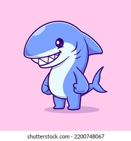 Cute Shark Standing Cartoon Vector Icon Illustration. Animal Nature Icon Concept Isolated Premium Vector. Flat Cartoon Style