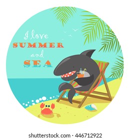 Cute shark sunbathing on deck chair