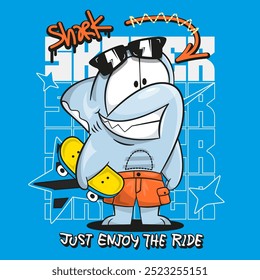 Tiburón lindo con gafas de sol y monopatín y texto 'Just Enjoy the Ride' aislado en el Vector de ilustración de fondo azul, diseño de camiseta para niños.