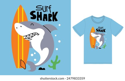 Cute Shark Surf with tshirt design premium vector the Concept of Isolated Technology. Flat Cartoon Style Suitable for Landing Web Pages,T shirt, Flyers, Stickers