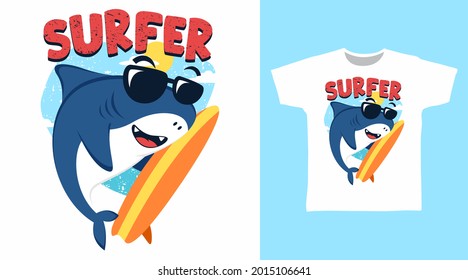 Cute shark surfer illustration t-shirt design vector concept.