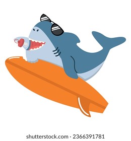 Cute shark with Surfing cartoon 