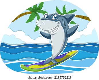 Cute shark surfing cartoon ocean scene illustration