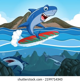 Cute shark surfing cartoon ocean scene illustration