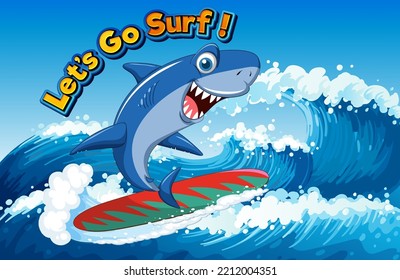 Cute shark surfing cartoon ocean scene illustration