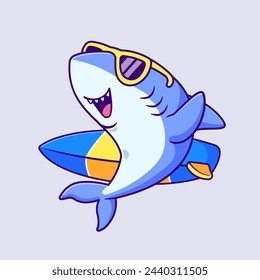 Cute Shark Surfing Cartoon Vector Icon Illustration. Animal Sport Icon Concept Isolated Premium Vector. Flat Cartoon Style