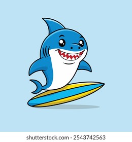 Cute Shark Surfing Cartoon Vector Icon Illustration. Animal Sport Icon Concept Isolated Premium Vector. Flat Cartoon Style