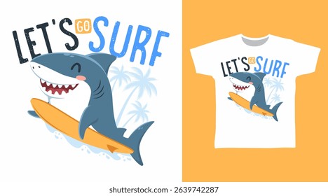 Cute shark surfing hand drawn illustration vector, ready for print on t-shirt and other uses.