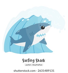 Cute Shark surfing on surfboard with ocean wave vector illustration