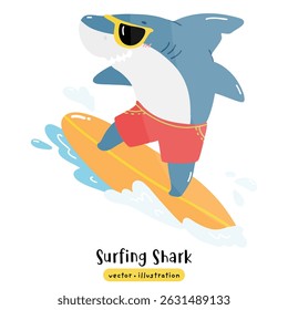 Tubarão bonito surfando na prancha de surf com ilustração do vetor da onda do oceano