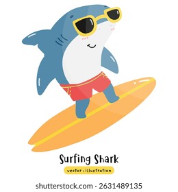 Cute Shark surfing on surfboard with ocean wave vector illustration
