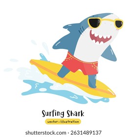 Cute Shark surfing on surfboard with ocean wave vector illustration