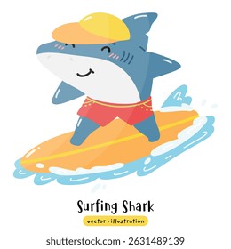 Cute Shark surfing on surfboard with ocean wave vector illustration