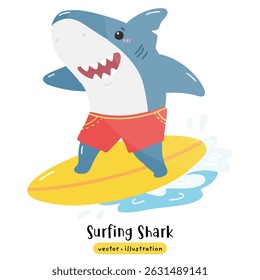 Tubarão bonito surfando na prancha de surf com ilustração do vetor da onda do oceano