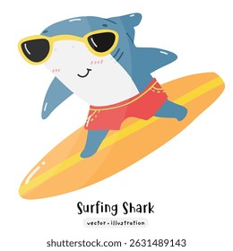 Cute Shark surfing on surfboard with ocean wave vector illustration