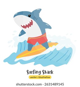 Cute Shark surfing on surfboard with ocean wave vector illustration
