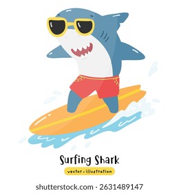 Cute Shark surfing on surfboard with ocean wave vector illustration