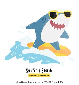 Tubarão bonito surfando na prancha de surf com ilustração do vetor da onda do oceano